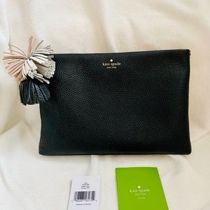 Kate Spade Black Pebbled Leather Zippered Clutch with Tassle Zipper Pull